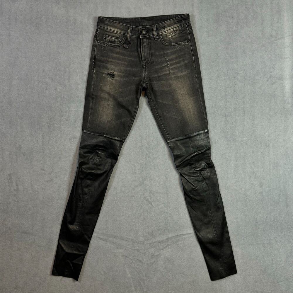 R13 Black Denim Knee Chaps Shredded Black Leather Womens Sz 24 Skinny Jeans